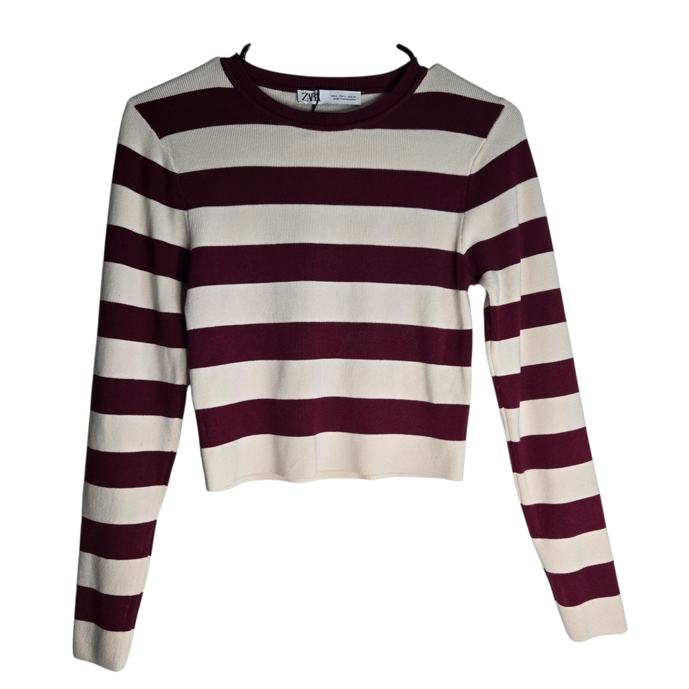 Zara Burgundy and Cream Striped Crop Top
